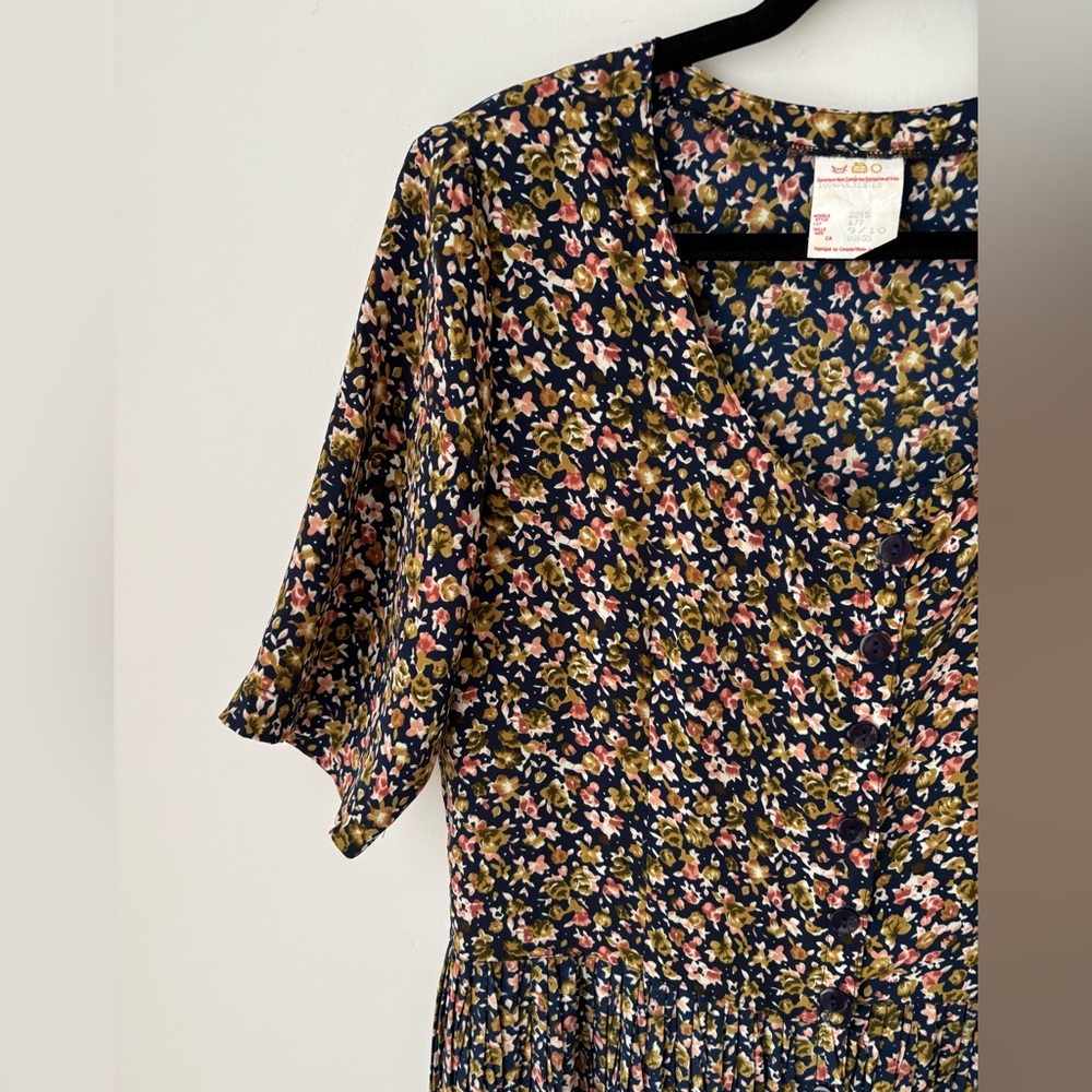 Vintage Floral Button Front Midi Dress Navy Pink Pleated Skirt Size 9/10 - Picture 3 of 10